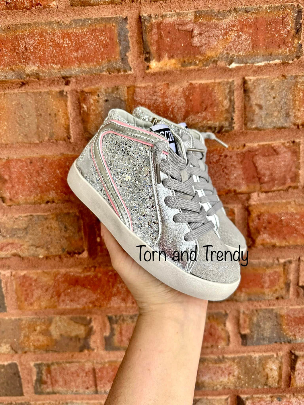 Silver and Pink Hi Top Star Sneakers