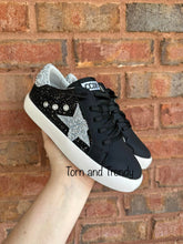 Load image into Gallery viewer, Black Glitter Silver Star Sneakers