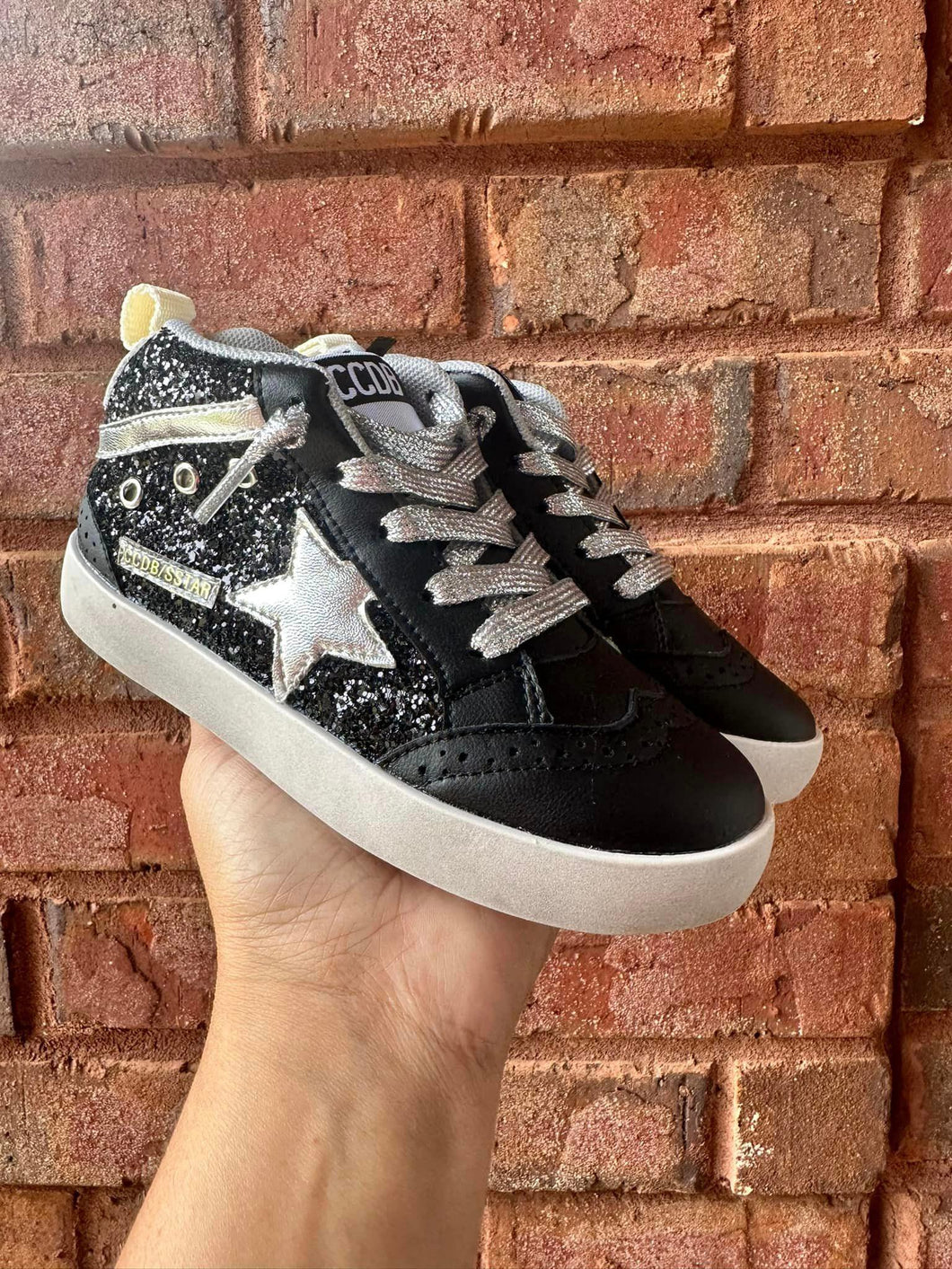 Mid Top Black Glitter Silver Star Sneakers