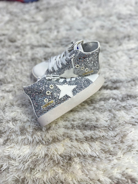 Hi Top Silver Glitter White STar Sneakers
